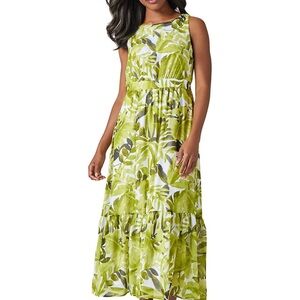 Kasper Vibrant Green Leaf Maxi Dress and sweater